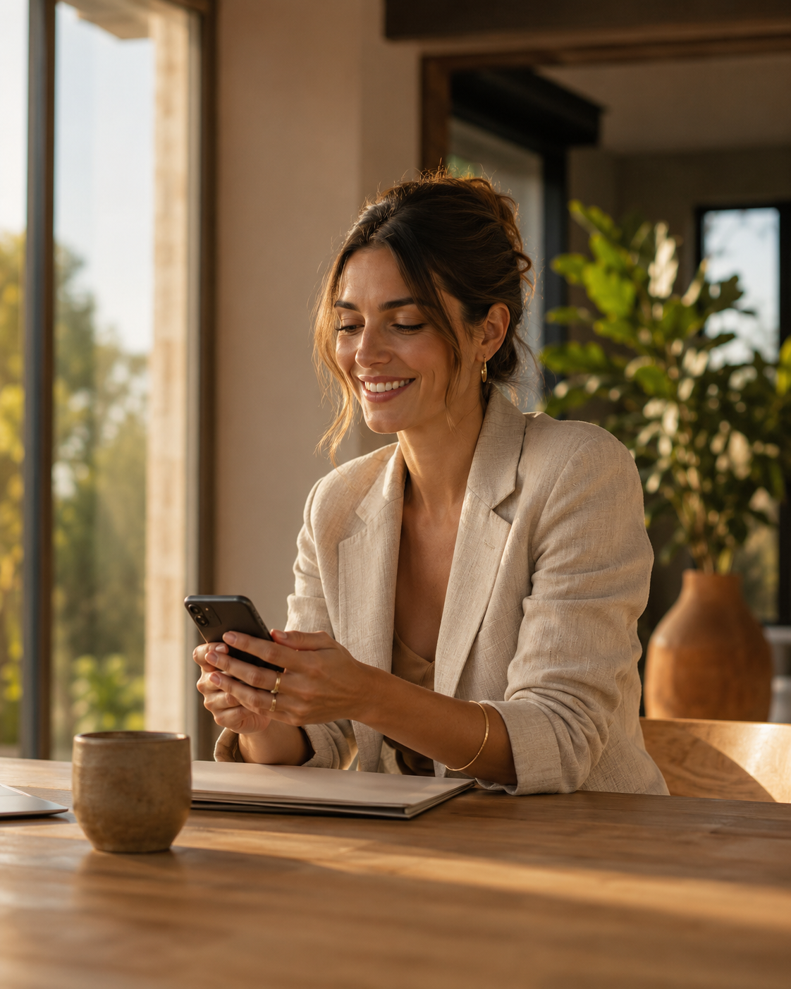 Mujer profesional sonriendo mientras mira su celular, en un espacio luminoso y cálido.