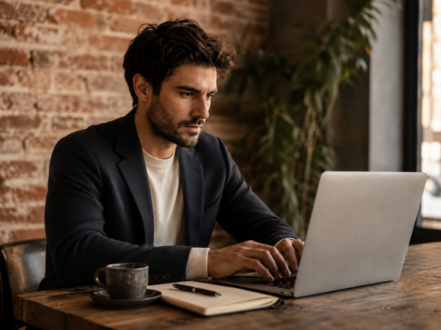Hombre profesional concentrado trabajando en su laptop, en un ambiente cálido y sofisticado.