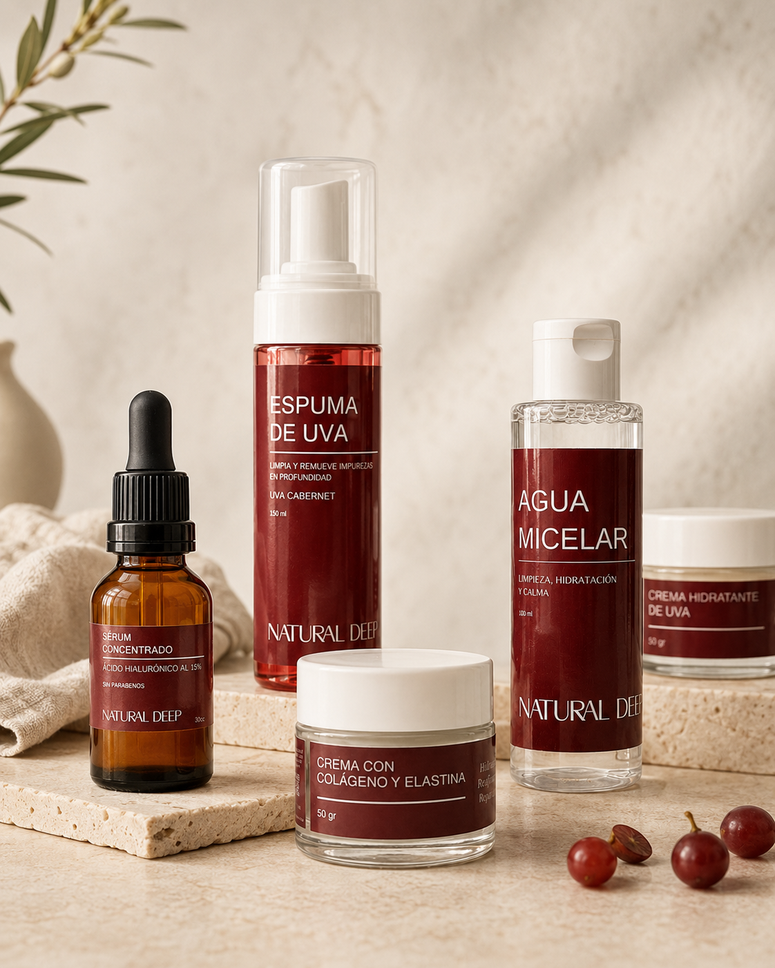 Línea Natural Deep de GoodLife: sérum concentrado, espuma de uva, agua micelar y cremas con colágeno y elastina.